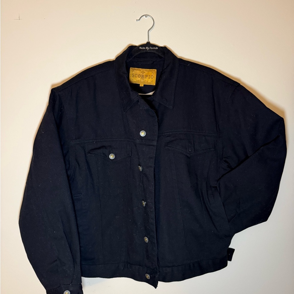 Scorpio Sheep Fur Lined Black Denim Jacket with Detailed Embroidery